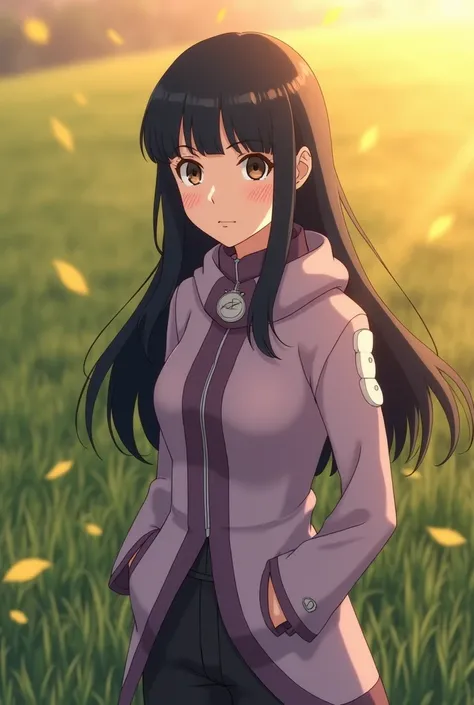 Hinata Hyuga in  " Naruto Shippuden",  long hair version :  a young woman of medium height ,  fair skin and striking pearlescent eyes ,  sides that shine with serenity and a touch of determination .  Her black and smooth hair descends to the waist , with a...