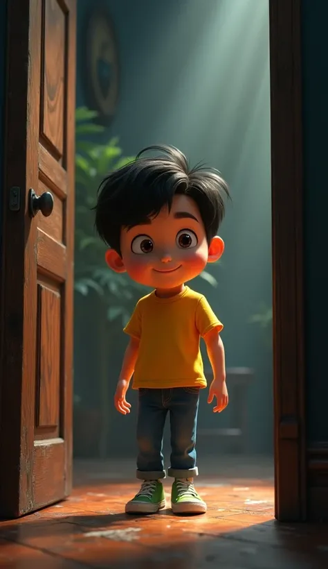 animated, pixar quality, disney, look
"Manav, a bright and adventurous  boy, cautiously steps inside a dark, eerie mansion. His cheerful round face is illuminated by the soft light from the surroundings, highlighting his big sparkling eyes filled with curi...