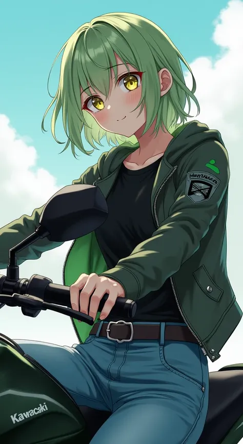 (work of art, Maximum quality, best qualityer, offcial art, beautiful and aesthetic:1.2) Anime Female With Light Green Hair, Yellow Eyes, Lether Jacket, Black T-Shirt, Blue Jeans and Riding a Kawasaki Motors.