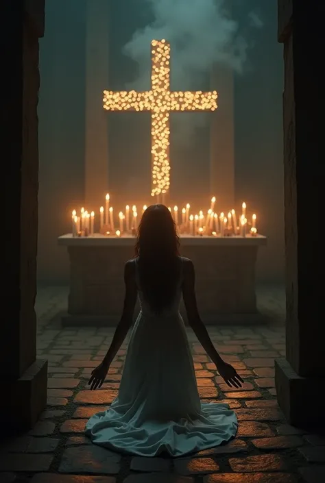 a woman from behind,  kneeling and dressed in a long white dress , in front of an altar .  The altar is shaped like a cross and has several lights burning around it , creating an Umbanda atmosphere .  The woman seems to be in prayer or a religious ritual ,...