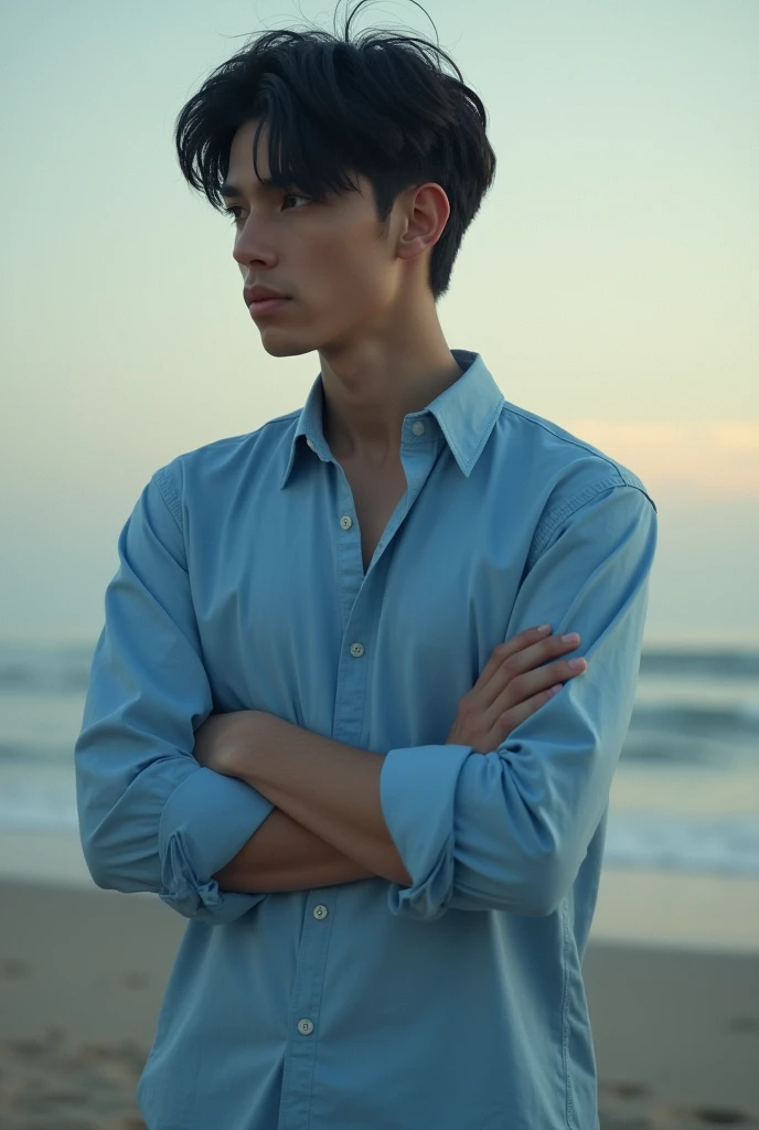 Handsome 20 year old lean boy , height 5 feet 9 Inches  with black hair wearing sky-blue button shirt , standing alone Hugging position, standing full body view 