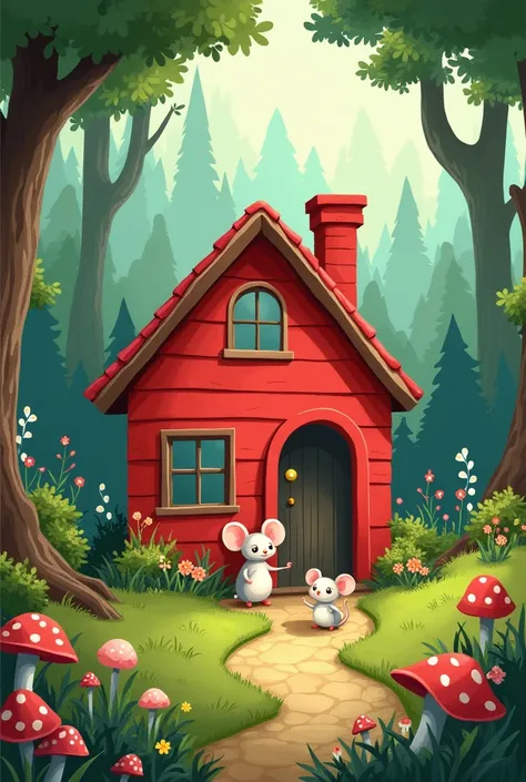 Red mouse house on the edge of a beautiful forest with a garden. Picture book page drawn . No mouse to see. In front of the house is a mouse family with mom ,papa,   brother-mouse and  baby mouse