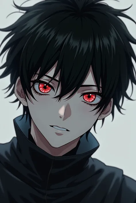 anime character guy 20 years old rough face white as snow skin red eyes with black as dark star shaped patterns black short naughty hair 