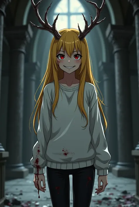  Tall woman with yellow hair and red eyes with a dark smile , With deer horns wearing black pants with a white sweatshirt ,  anime style/manga , with blood-stained clothes ,  in the middle of an abandoned church at night 

Let the image be black and white ...