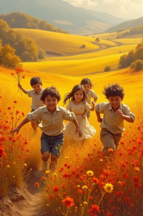 The painting of four boys and a girl playing in a saffron farm 