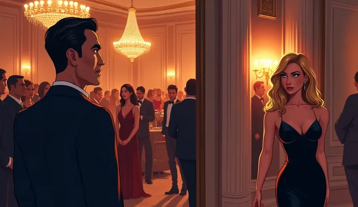 Man dressed as an executive watching a yellow-haired woman in a black dress entering the party at a party realistic cartoon full view