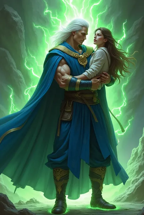 A white handsome man, white hair, fight pose, he has Blue clothes similar to doctor strange warlock, golden belt, golden boots, holding a black teen girl on his arms, green fire surrounding him