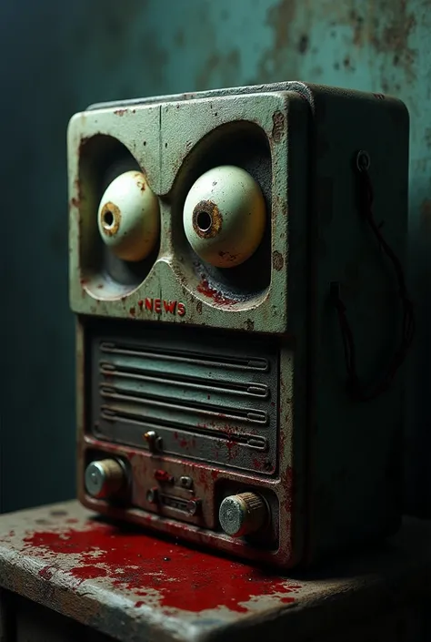  Creepy old news radio with eyes like a human, with blood , dark place, And a lot Pizarro 