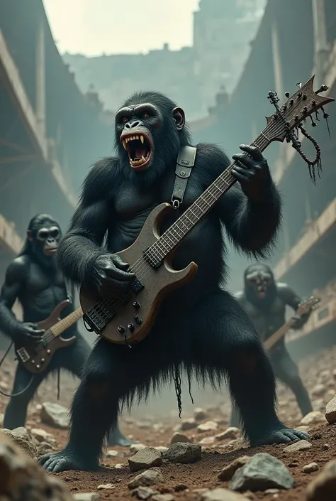 An ape black Metal band give a concert in a post apocalyptic stadium. Orangutan is playing drums. A big and strong gorilla is playing bass. A very smart looking chimpanzee plays guitar and another chimpanzee sings the vocals. Ever apes are in corps paint. ...