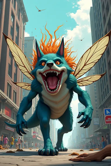 HYBRID ANIMAL WITH SHARK HEAD AND TAIL ,  DRAGONFLY WINGS AND ANTENNAE AND HOLBRE WOLF BODY INVADING THE CITY WITH FUNNY HAIR 