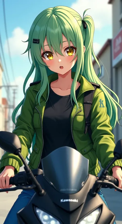 (work of art, Maximum quality, best qualityer, offcial art, beautiful and aesthetic:1.2) Anime Female With Light Green Hair, Yellow Eyes, Lether Jacket, Black T-Shirt, Blue Jeans and Riding a Kawasaki Ninja Motors.