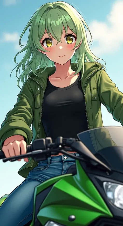 (work of art, Maximum quality, best qualityer, offcial art, beautiful and aesthetic:1.2) Anime Female With Light Green Hair, Yellow Eyes, Lether Jacket, Black T-Shirt, Blue Jeans and Riding a Kawasaki Ninja Motors.