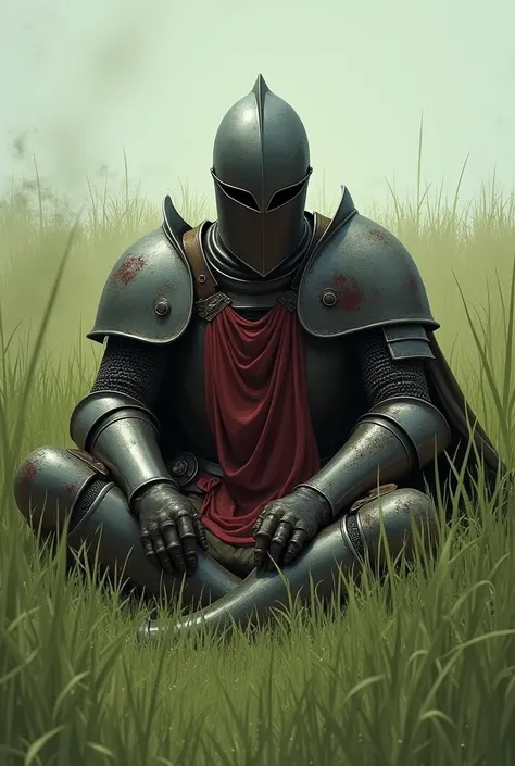 Create a knight alone after a battle in the middle of the grass as if he were seriously injured sitting with his helmet on his head 