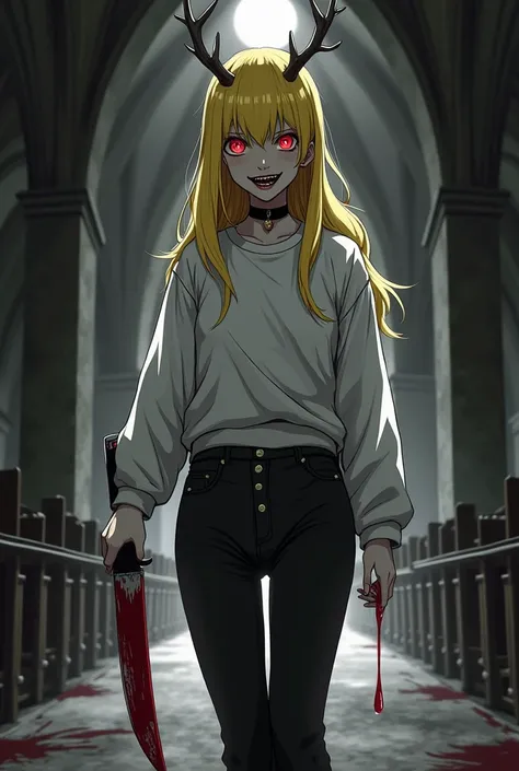  Tall woman with yellow hair and psychopathic red eyes , with a dark smile ,  with deer horns wearing black pants with a white sweatshirt  ,  anime style/manga , with blood-stained clothes ,  in the middle of an abandoned church at night 

Let the image be...