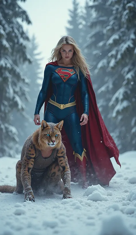 Supergirl taking on Cheetara in a snowy forest, ultra realistic and professional images  