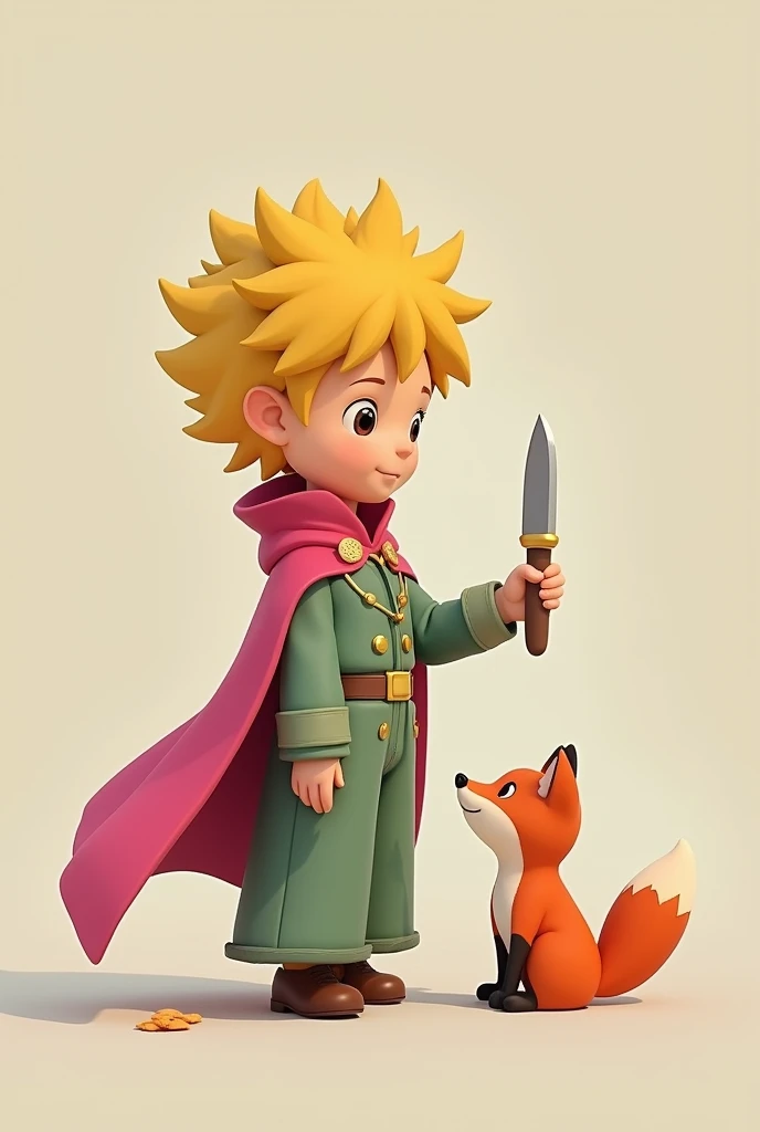 The little prince in a pink cape has a small fox on his right, The image of holding a knife vertically is very small and cute enough to fit in a profile picture, as small as a miniature