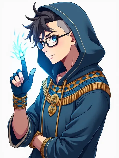  generates the image of a young man wearing a hoodie and ornaments from ancient Egypt, with glasses,  blue fingerless gloves ,  with long hair shaved on the sides ,  with blue aura on his hands , with the index finger of his hand raised ,  in an anime draw...