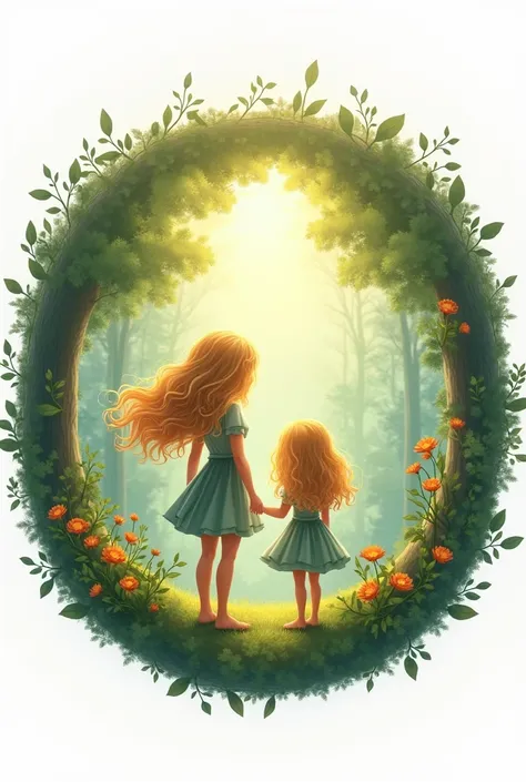 Crée moi un logo de forme circulaire pour lentreprise Les Filles de la Foret, written around , arbres et deux fille, une adulte et une enfant au cheveux blond ondulé devant, Fairytale side.