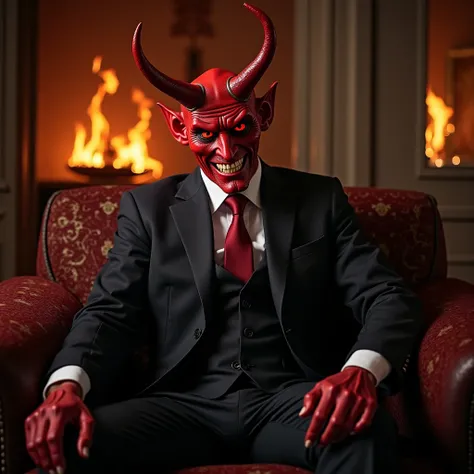  A man with a red devil head wearing a suit. sitting on a sofa in a castle , One leg is placed on the other ,  the devil has red eyes and grins angry ,  he holds a hand forward with a cigar , She burns .   In the background is a fire script XP9 , 