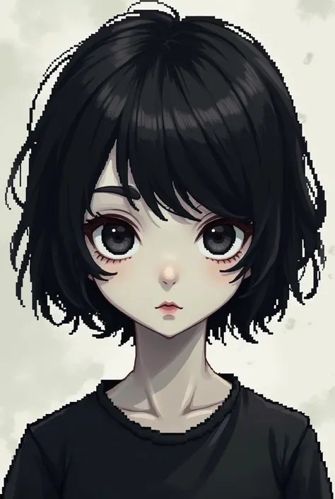 A pixeled girl with black hair,black eyes,white clothes and has a mole on the right side of her forehead.