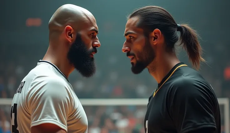 (Photorealism 1:2) 2 volleyball players divided into two teams, staring down at each other. one team has white uniform and the other black uniform. There is one of them that is bald with a beard and has dark olive skin and the other is skinny, tall, dark o...