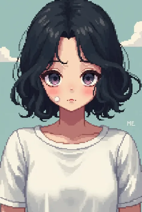 A pixeled girl with black hair,black eyes,white clothes and has a mole on the right side of her forehead,cookie skin colour,long-medium hair