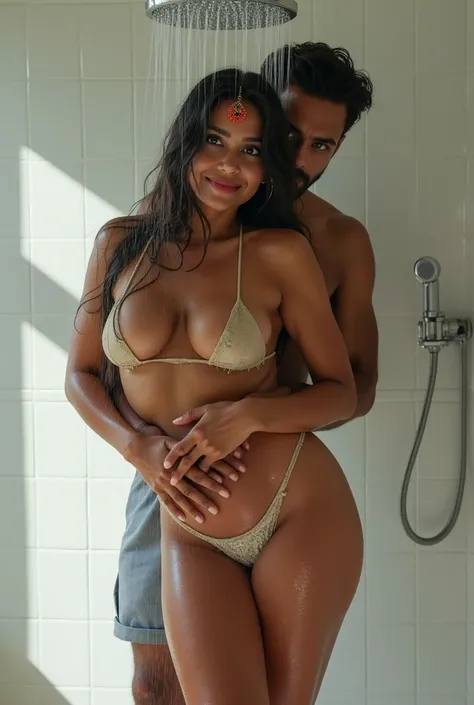 a beautiful gorgeous  40years old indian woman naked ,cleavage, hot body curves, big ass, standing under shower in bathroom, wet body, red bindi on her forehead, smile on her face, a handsome young 18yeras old indian boy grabbing woman waist in bathroom, w...