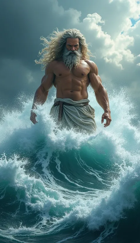  A hyperthealistic representation of the God Poisedon, It is on a wave in a rough sea ,  around it several waves and a lot of water 