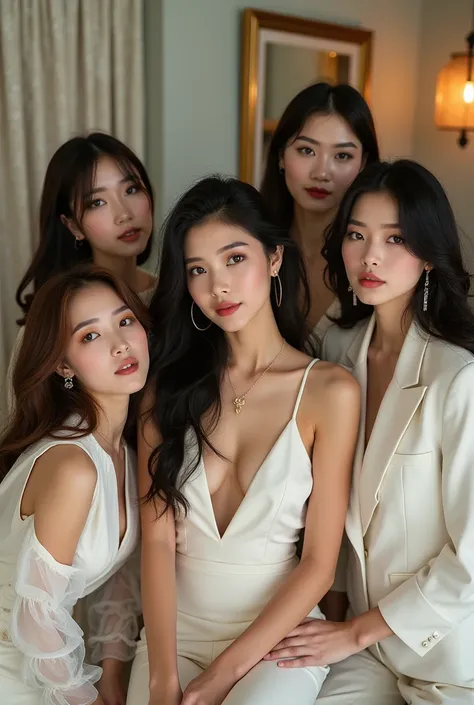 The photo features the Korean K-pop group JUNA, consisting of 5 girls, each with a distinctive Korean appearance. They are at a photoshoot, set in an atmosphere of elegance and style. The girls are dressed in white and black outfits.