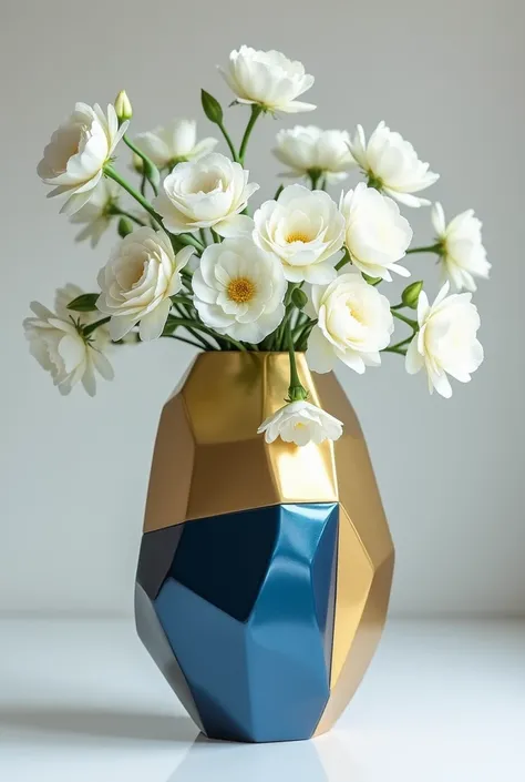 Blue vase with lots of white flowers half gold half blue 