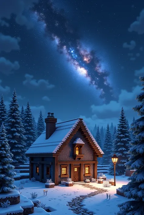 draw me a minecraft-looking medieval house in snowy taiga in night time with cosmic sky