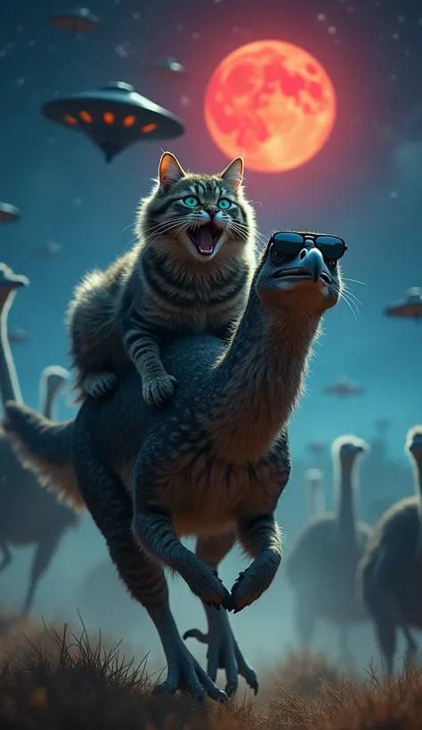 full front view of a very scared  Tabby long  dark brown and black hair tabby Maine Coon cat with turquoise but  NOT  glowing eyes open wide in excitement!! riding on  top of a  raptor with sunglasses,  cat is riding on it like if it was a horse,escaping f...