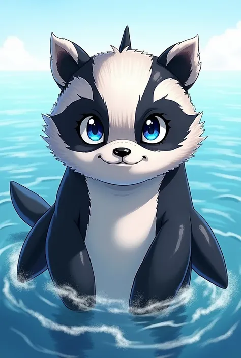 Animal killer whale marine mammal with blue eyes in badger costume drawing  