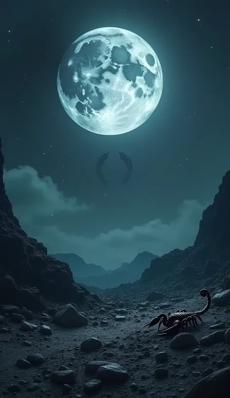 A dramatic landscape with a full moon casting intense light over a dark, rocky terrain. The Scorpio symbol appears in the sky above, and a lone scorpion scurries across the ground, representing Scorpio’s resilience, transformative energy, and strength in t...