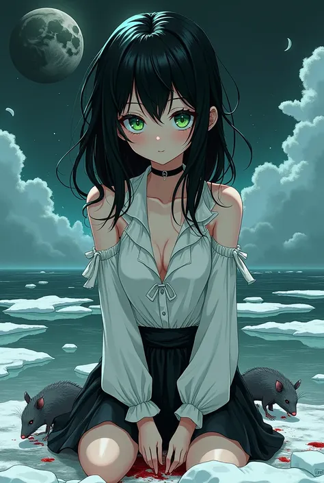 in anime 2.5D niji6 strong lines oil ink art super details in Nordic art in fusion with Harlequin DC in t-shirt ripped blouse zexy black blue green with large and bright green eyes with black tomoi she is in the middle of a sea of thin ice with rats bleedi...