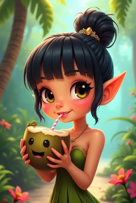 Make a fairy with straight dark hair, smiley cartoon style and that has coconut water