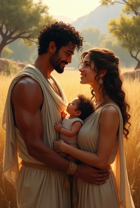  make the image of a man and a woman from ancient Greece having a small . The man with the short and muscular curly black hair .The petite woman with the brown hair .With the newborn toddler. The non-black man and his parents are happy who smile and then l...