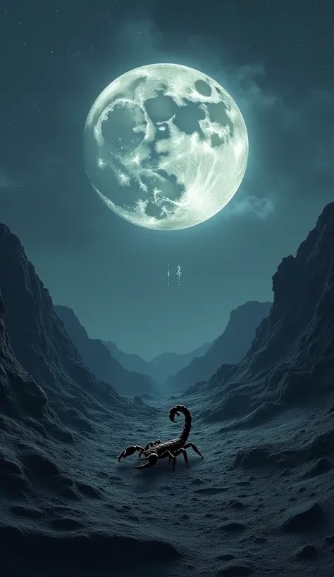 A dramatic landscape with a full moon casting intense light over a dark, rocky terrain. The Scorpio symbol appears in the sky above, and a lone scorpion scurries across the ground, representing Scorpio’s resilience, transformative energy, and strength in t...