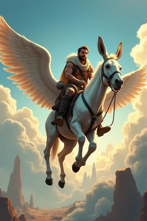 A man is riding a winged donkey and is about to fly