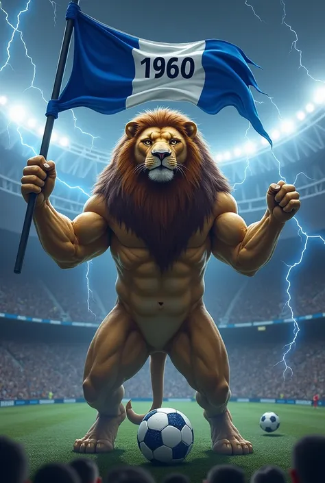  Muscular lion stands in a stadium and holds a blue white flag with the inscription: 1 8 6 0 in one paw .  In the other paw he should hold a white blue soccer ball and stretch it forward. There should be thunderstorms and blue lightning coming down from ab...