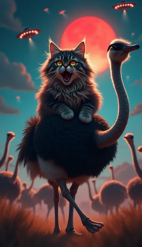 full front view of a very scared Tabby long dark brown and black hair tabby Maine Coon cat with turquoise but NOT glowing eyes open wide in excitement!! riding on top of an ostrich wearing sunglasses, cat is riding on it like if it was a horse,escaping fro...