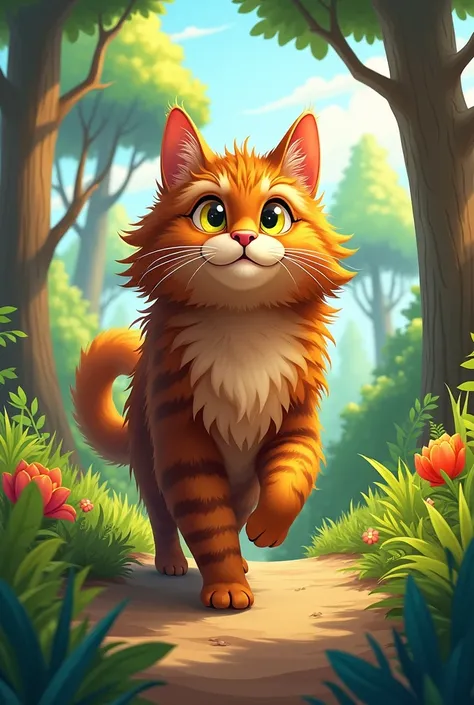 Maine Coon 2D digital cartoon cat with tabby brown fur walking in a forest during the day,  yellow eyes  