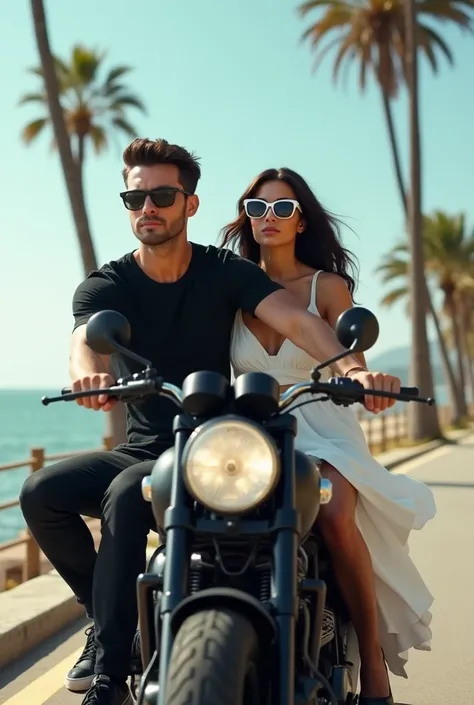 man with short black hair in black sunglasses in black jeans and a black t-shirt With Woman in a white dress and white sunglasses with black hair riding black classic triumph motorcycle  near the sea and palms