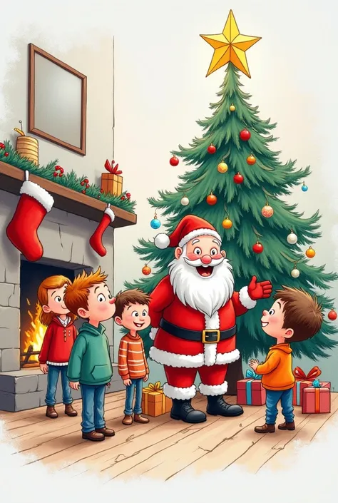 Create the pencil strokes of a freehand drawing of an original Christmas Christmas as if it had been drawn by a  boy