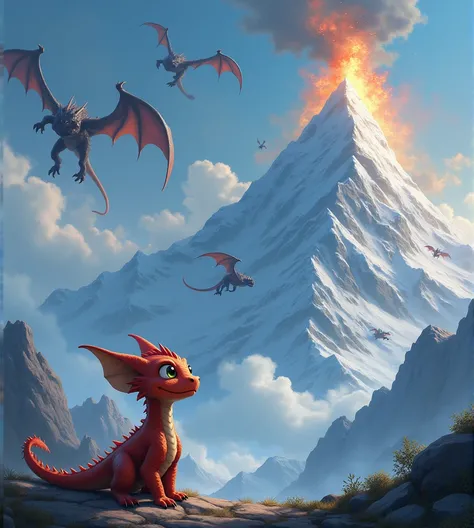 A small dragon looking up at towering dragons flying high in the sky. The dragon has wide, hopeful eyes, and behind it, there’s a mountain with a glowing fire at the top. For YouTube thumbnail 