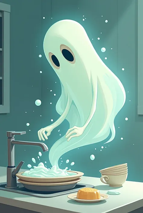 Ghost washing dishes in cartoon with no background