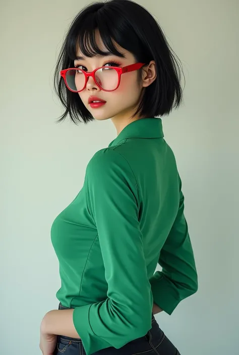 An attractive Japanese woman with short black hair, red glasses, in a green shirt with a big meta butt backside