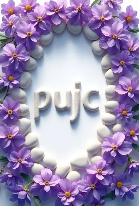 Picture with white stone and purple flowers border and inner area coverd with purple flowers and in the mid Write PUJC with white stones