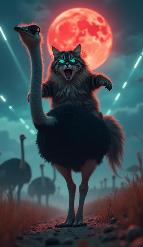 full front view of a very scared Tabby long dark brown and black hair tabby Maine Coon cat with turquoise but NOT glowing eyes open wide in excitement!! riding on top of an ostrich wearing cool sunglasses, cat is riding on it like if it was a horse,escapin...