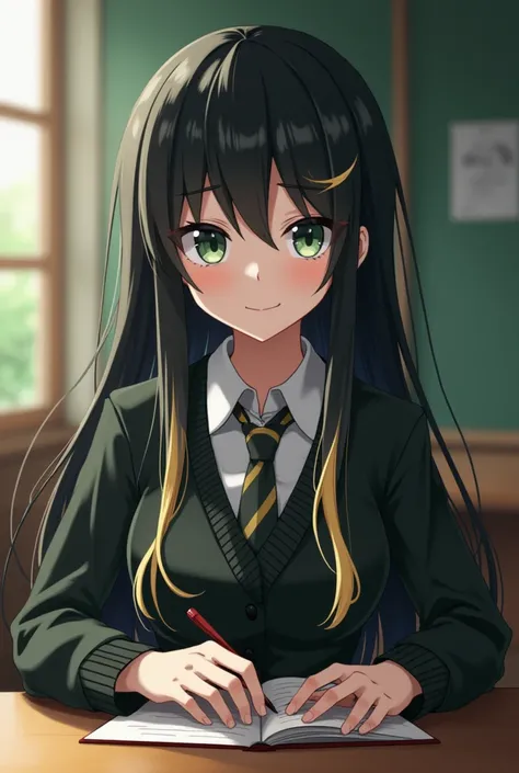 A black anime movie girl with long hair with blonde highlights, light green eyes like gray with a Japanese uniform ,  a body that doesnt have so many breasts but if it doesnt have that much butt and is in the U..A from Baku I dont hero academy sitting at h...